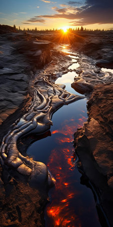"sweden's otherworldly landscape: discover the striking contrast of sweden's dry land and bubbling lava pools in this stunning nature photograph. shot with a hasselblad 6h, this super-detailed image showcases an unusual perspective and natural cinematic lighting. witness the beauty of this often-overlooked side of sweden." (55 words), ai generatedの素材