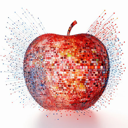 the apple, a vibrant red fruit, is beautifully rendered in an algorithmic art style, showcasing intricate digital patterns and shapes, isolated on a pristine white background, highlighting the fusion of technology and nature. ai generatedの素材