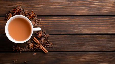 "chai tea, steaming hot and fragrant, is beautifully presented on a rustic wooden table, inviting all to indulge in its warm, spicy aroma, perfect for a cozy morning or relaxing afternoon, evoking feelings of comfort and tranquility, amidst the natural tones of the wooden surface.", ai generatedの素材