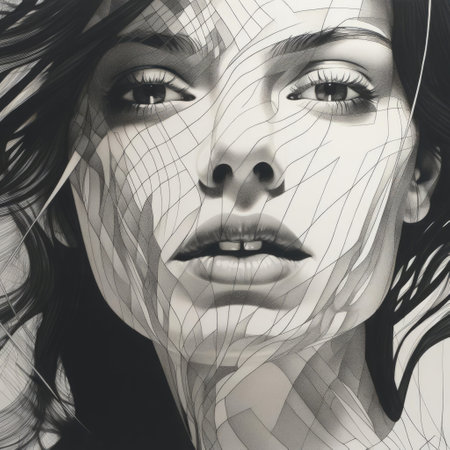 a woman's portrait is depicted in a multi-layered geometry style, showcasing polished metamorphosis and intricate black and white illustrations. the artwork features photorealistic detailing, flowing lines, and fragmented advertising elements, resulting in a realistic hyper-detail. ai generatedの素材