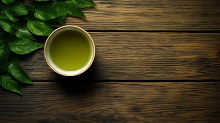 the green tea, freshly brewed and steaming hot, sits atop a rustic wooden table, surrounded by a serene atmosphere, evoking feelings of relaxation and tranquility, perfect for a calming morning routine or an afternoon pick-me-up, highlighting the benefits of japanese matcha and loose-leaf tea traditions. ai generatedの素材
