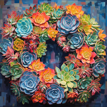 this vibrant expressionism oil painting depicts a stunning succulent wreath, bursting with colorful, abstracted forms and textures, evoking a sense of whimsy and modernity, perfect for adding a touch of bohemian chic to any room, while showcasing the beauty of succulent plants in a unique artistic expression. ai generatedの素材