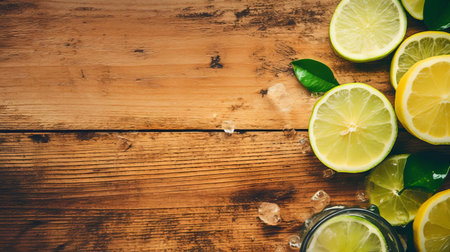 a refreshing glass of lemon-lime soda sits atop a rustic wooden table, its vibrant colors and condensation-kissed glass gleaming in the light, evoking memories of summertime picnics and backyard barbecues, perfect for quenching thirst on a warm sunny day, ideal for outdoor gatherings and casual get-togethers. ai generatedの素材