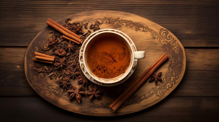 the aromatic chai tea, infused with warming spices, is beautifully presented on a rustic wooden table, invitingly captured from a top view, evoking feelings of cozy comfort and relaxation, perfect for a soothing morning or afternoon pick-me-up, amidst the warmth of a traditional indian-inspired setting. ai generatedの素材