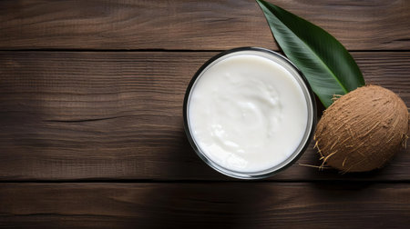 coconut milk sits elegantly on a rustic wooden table, showcased from a top view, highlighting its creamy texture and white color, perfect for adding a touch of tropical flavor to various recipes, from curries and soups to smoothies and desserts. ai generatedの素材