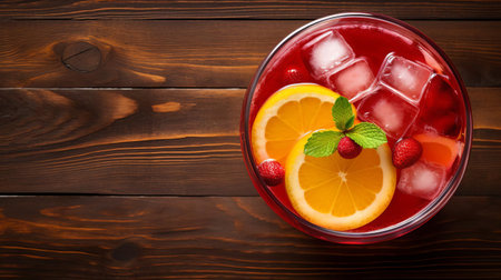fresh fruit punch is showcased on top of a rustic wooden table, capturing a vibrant and refreshing summer vibe, perfect for outdoor gatherings and picnics, featuring a colorful medley of juicy fruits, such as strawberries, grapes, and oranges, surrounded by lush greenery. ai generatedの素材
