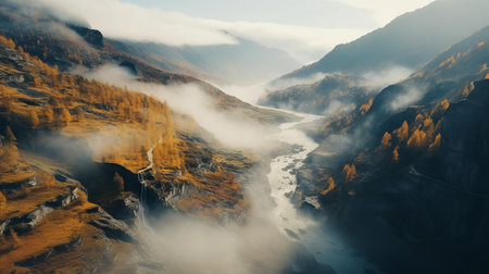 the breathtaking landslide, surrounded by vibrant autumn foliage, is shrouded in a mystical fog, creating a serene and surreal atmosphere, perfect for nature enthusiasts and photographers seeking stunning landscapes, autumn colors, and misty scenery in high-resolution 8k quality. ai generatedの素材