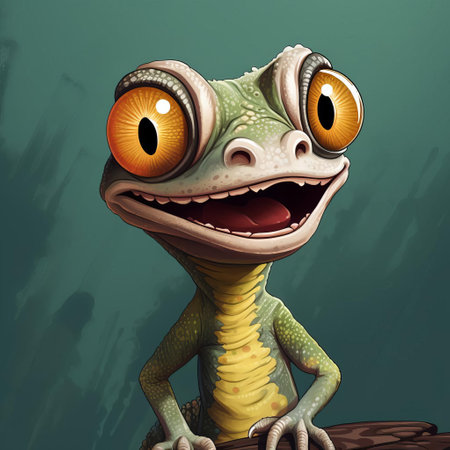 this cartoon gecko is slithering silently with its head lifted up, showcasing its vibrant green scaly skin and big round eyes, highlighting its nocturnal and carnivorous nature, commonly found in tropical and subtropical regions, often seen climbing walls and ceilings with its sticky feet. ai generatedの素材
