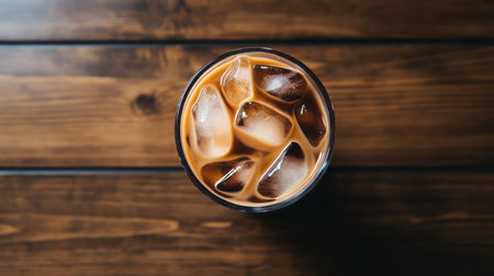 the iced latte, adorned with a sprinkle of cinnamon and a drizzle of caramel syrup, sits atop a rustic wooden table, its creamy texture and rich aroma invitingly captured in this top-down view, perfect for coffee lovers and food bloggers alike, showcasing a refreshing summer drink. ai generatedの素材