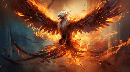 the phoenix, a majestic mythical creature, stands tall in a rage, its vibrant plumage ablaze with fiery intensity, towering on its hind legs in a powerful digital art depiction, evoking a sense of fierce determination and unbridled energy, perfect for fantasy and mythology enthusiasts. ai generatedの素材