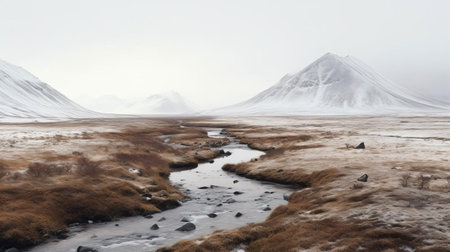 the arctic tundra landscape stretches far and wide, tracing one new line through the untouched, pristine terrain, where the snow-capped mountains meet the endless, icy horizon, showcasing the breathtaking beauty of the arctic wilderness, frozen lakes, and vast, open spaces. ai generatedの素材