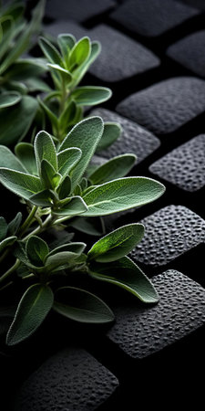 sage, a fragrant herb, grows abundantly on black shingle, showcasing the beauty of sustainable design in this tabletop photography setup, captured with a voigtlander bessa r2m camera, featuring visually tactile surfaces, dark gray and black hues, and a soft focus effect. ai generatedの素材