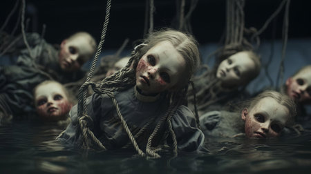 "eerie dolls, surrounded by seaweed and ocean debris, are being dragged down to the dark abyss by a worn rope, capturing the haunting essence of cinematic realism in this unsettling underwater scene, evoking feelings of unease and mystery.", ai generatedの素材
