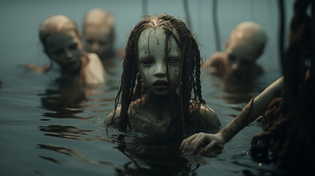 "eerie dolls, surrounded by seaweed and ocean debris, are being dragged down to the dark abyss by a worn, frayed rope, capturing the haunting essence of cinematic realism in this unsettling underwater scene, evoking feelings of unease and mystery.", ai generatedの素材