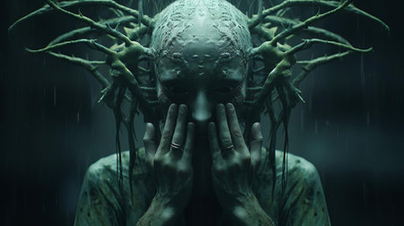 the creature, depicted in a stunning jade green hue, stands in shock, hands clasped to its head, evoking a sense of intense emotion, set against a dark, grainy background, showcasing the artist's mastery of hyper-realistic sci-fi art, reminiscent of alessio albi's style, crafted with bryce 3d and minimal retouching, exuding bold and dynamic lines, a la andrew ferez. ai generatedの素材