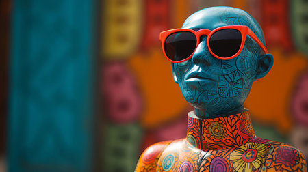 this quirky pottery statue, sporting trendy dark cool sunglasses, stands out against a vibrant and colorful background, showcasing a unique blend of art and humor, perfect for fans of ceramic art, sculpture, and whimsical decorative pieces. ai generatedの素材