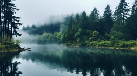 the serene crescent lake, surrounded by a mix of deciduous trees and towering firs, is shrouded in mist on a rainy day, with the tops of the trees peeking out from the veil of fog, creating a mystical atmosphere in this tranquil landscape photography. ai generatedの素材