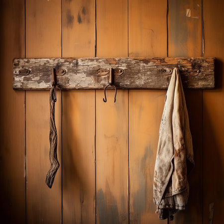 this rustic coat rack, showcasing the natural grain, cracks, and peeling paint, captures the vintage charm of a bygone era, evoking feelings of nostalgia and warmth, perfect for adding a touch of retro flair to any entryway or hallway, blending seamlessly with farmhouse, industrial, or shabby chic decor styles. ai generatedの素材