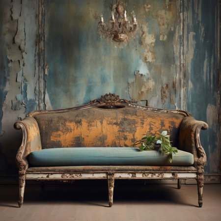 the silk sofa, showcasing the natural grain, cracks, and peeling paint, captures the rustic charm of vintage furniture, exuding a cozy ambiance, perfect for a retro-inspired living room, blending distressed elegance with nostalgic flair, and evoking a sense of timeless sophistication. ai generatedの素材