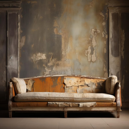 this vintage silk sofa, showcasing the natural grain, cracks, and peeling paint, captures the rustic charm of a bygone era, evoking feelings of nostalgia and warmth, perfect for adding a touch of retro elegance to any living room or home decor, blending antique style with modern comfort. ai generatedの素材