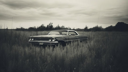 the ford galaxie, a classic american automobile, sits serenely in a lush grassy field, captured in a unique, distorted, blurry, and grainy vintage-inspired black-and-white image, reminiscent of expired instant film photography, evoking a nostalgic and retro aesthetic. ai generatedの素材