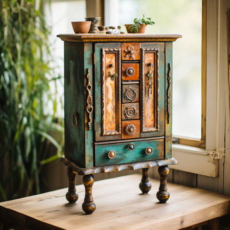 this vintage jewelry armoire, showcasing the natural grain, cracks, and peeling paint, captures the rustic charm of a bygone era, exuding a distressed, antique aesthetic, perfect for storing treasured trinkets and heirloom jewelry pieces in a nostalgic, country-chic setting. ai generatedの素材