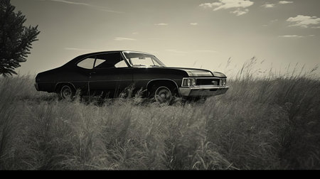 the pontiac lemans, a classic american muscle car, sits majestically in a serene grassy field, captured in a unique, distorted, blurry, grainy, and vintage-inspired black-and-white image, reminiscent of expired instant film photography, evoking a sense of nostalgia and retro charm. ai generatedの素材
