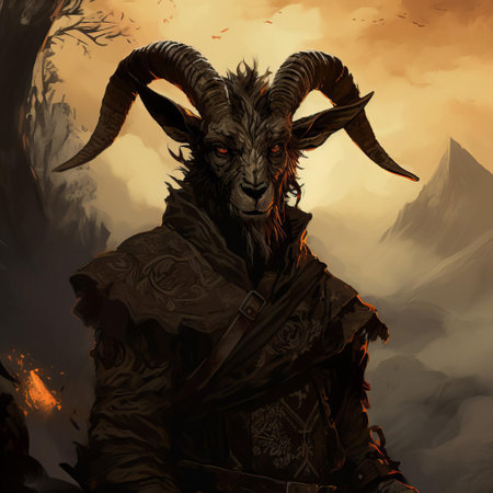 the goat, adorned with mystical horns and surrounded by eerie, glowing mushrooms, stands vigilant in the foreboding, mist-shrouded forest, evoking the dark, gothic atmosphere of darkest dungeon, as twisted, gnarled tree branches stretch towards the moonlit sky like skeletal fingers. ai generatedの素材