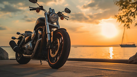 a motorbike stands parked on the side of the road, bathed in the warm, golden light of sunset, captured in stunning high detail with a low-angle shot on a sony alpha a7 mark iv camera, showcasing the bike's sleek design and vibrant colors in breathtaking 8k resolution. ai generatedの素材