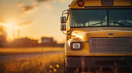 a school bus stands parked on the side of the road at sunset, its vibrant yellow hue glowing warmly in the fading light, captured in stunning high detail with a low-angle shot on a sony alpha a7 mark iv camera, offering a realistic and immersive 8k visual experience. ai generatedの素材