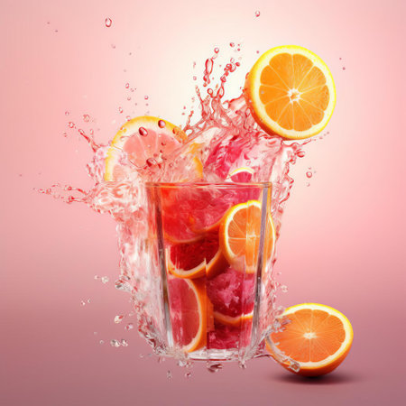 the vibrant fruit punch, bursting with colorful juicy fruits, sits elegantly against a sleek one-color light background, showcasing its refreshing and revitalizing essence, perfect for summer gatherings, outdoor parties, and healthy snack enthusiasts. ai generatedの素材