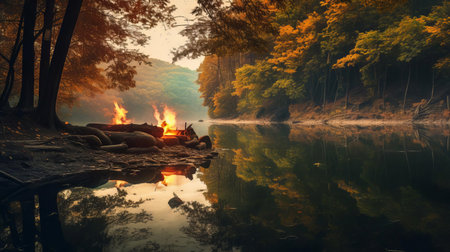 the serene wolding river in hancheongnam, korea, is set ablaze with a warm fall bonfire, reflected perfectly in the calm waters, evoking a sense of tranquility and harmony with nature, as the soft green hues of the surrounding foliage dance in the flickering light, captured in stunning 32k uhd clarity with a nikon f2, showcasing exceptional composition and manapunk-inspired flair, perfect for unsplash. ai generatedの素材