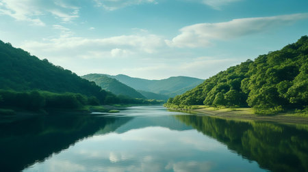 the serene wolding river in hancheongnam, korea, is majestically captured in this breathtaking 32k uhd photograph, showcasing a stunning reflection of the surrounding lush green landscape, with light green hues, reminiscent of nature-inspired motifs, expertly composed to create an eye-catching visual treat, shot with a nikon f2, perfect for professional photography and available on unsplash. ai generatedの素材