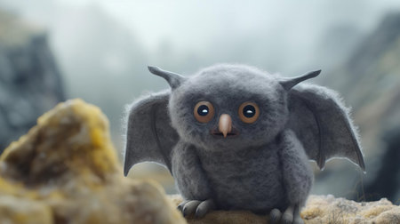 the tundra landscape serves as a serene backdrop for a whimsical felt stop-motion bat, captured in stunning 4k resolution with a shallow depth of field, surrounded by hemp accents and presented in a muted color palette with low saturation, evoking a sense of mystique and wonder. ai generatedの素材