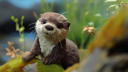 the tundra landscape serves as a serene backdrop for a whimsical felt stop-motion otter, captured in stunning 4k resolution, with a shallow depth of field emphasizing the otter's intricate details, amidst a subtle hemp-inspired color palette and muted, low-saturation tones. ai generatedの素材