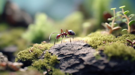the tundra landscape serves as a unique backdrop for a felt stop-motion ant, captured in stunning 4k resolution, with a shallow depth of field that draws attention to the tiny creature, set amidst a subtle hemp-inspired environment with muted, low-saturation tones evoking a sense of serenity. ai generatedの素材