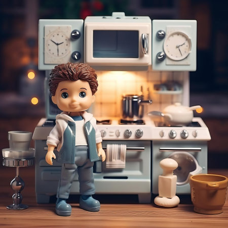 the back to the future play kitchen figure stands out in a cinematic mood, capturing kids' attention with its vibrant colors and isolated composition, evoking a sense of adventure and time travel, perfect for little ones who love marty mcfly and doc brown's iconic delorean. ai generatedの素材