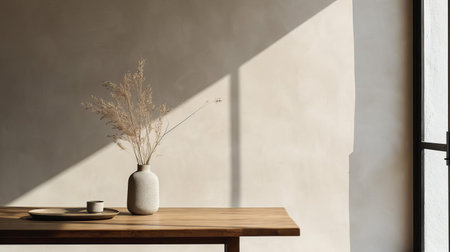 a minimalist door, crafted from hemp, sits elegantly on a japanese-inspired ash table, basking in the soft, natural light streaming through the adjacent window, evoking a whimsical ambiance that exudes simplicity and subtlety, captured in exquisite detail by an interior design photographer using a canon eos r5, resulting in a cinemotographic, 32k uhd image with a film grain texture that feels remarkably real. ai generatedの素材