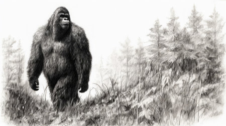 the bigfoot, meticulously crafted in a stunning pointillism sketch, emerges from a delicate balance of black and white graphite drawing, with subtle sketch marks and faint planning lines that add depth and texture to this enigmatic creature's mysterious presence. ai generatedの素材