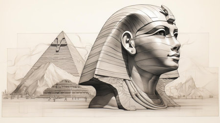 the sphinx, a majestic creature of ancient mythology, is beautifully rendered in this stunning art deco-inspired graphite drawing, featuring intricate sketch marks and planning lines that add depth and texture to the black and white illustration, perfect for art enthusiasts and fans of vintage design. ai generatedの素材