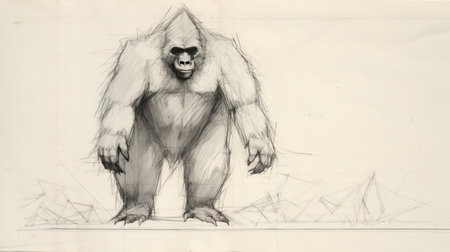 the yeti, a mystical creature, is brought to life in this stunning suprematism-inspired sketch, rendered in bold black and white graphite strokes, with visible sketch marks and planning lines that add a sense of dynamism and creative energy to the composition. ai generatedの素材