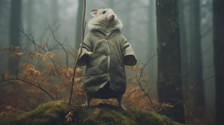 a majestic hamster floats effortlessly in mid-air, surrounded by a dull and monotone winter forest, its vibrant colors popping against the foggy backdrop, captured in a delicate full-body pose, showcasing levitation in a stunning film photography editorial shoot, reminiscent of a magazine cover, shot on hasselblad. ai generatedの素材