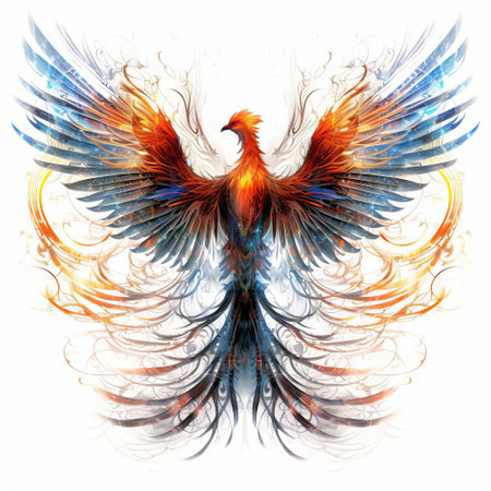 the phoenix, a mesmerizing creature of myth and legend, is showcased in this stunning piece of algorithmic art, isolated on a pristine white background, with its full body majestically rendered in intricate digital detail, exuding fiery passion and rebirth. ai generatedの素材