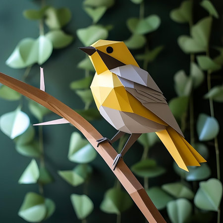 the warbler, a vibrant yellow songbird, perches on a delicate tree branch against a subtle wall backdrop, showcasing a stunning polygon design in this unique paper craft creation, perfect for nature enthusiasts and craft lovers alike, blending simplicity with eye-catching appeal. ai generatedの素材