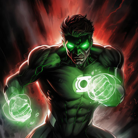 green lantern bursts into action, fighting criminals with lethal methods in this intense digital illustration, showcasing dynamic details and explosive lighting, with bold red, black, and white colors, and a close-up composition that puts the viewer in the midst of the action-packed battle. ai generatedの素材