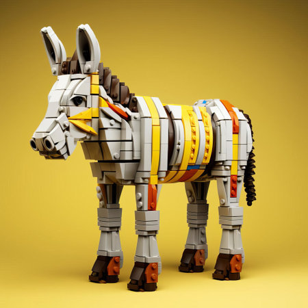 the adult donkey, meticulously crafted from lego bricks, showcases remarkable detail with its plastic texture and glossy finish, complete with colorful stickers adding a pop of vibrancy, making this 3d model a stunning representation of the beloved animal. ai generatedの素材