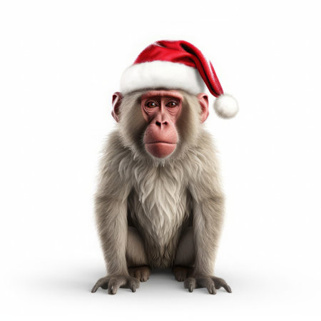 this festive baboon, donning a bright red nose and a jolly santa hat, poses against a crisp white background in a vibrant 3d rendering, perfect for holiday-themed designs, christmas cards, and festive illustrations, evoking a sense of playful cheer and winter wonderland magic. ai generatedの素材