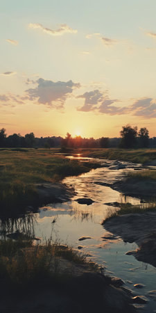 the majestic landscape unfolds with a warm evening glow, captured through the lens of a 35mm camera, evoking a photorealistic quality reminiscent of kodak film, transporting viewers to a serene and idyllic atmosphere, perfect for nature enthusiasts and photography aficionados alike. ai generatedの素材