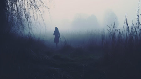 patricia wanders through the misty autumn meadow on a chilly morning, surrounded by tall tree silhouettes in the distance, as the fog rolls in, capturing the essence of a mysterious atmosphere, evoking feelings of solitude and serenity, with the lo-fi aesthetic of an instamatic photo. ai generatedの素材