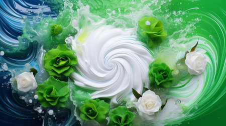 the cyclonic junction, where fresh green hues blend seamlessly with blooming flowers, vibrant colors, and pure white accents, creating a breathtakingly beautiful landscape, captured with precision and artistry in this stunning professional photograph, perfect for unsplash. ai generatedの素材